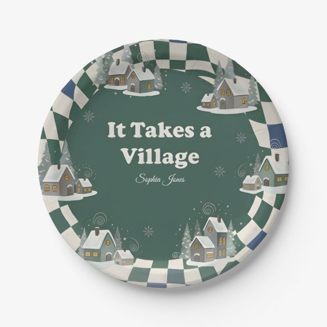 Winter Checkered "It Takes a Village" baby shower  Paper Plates (Front)