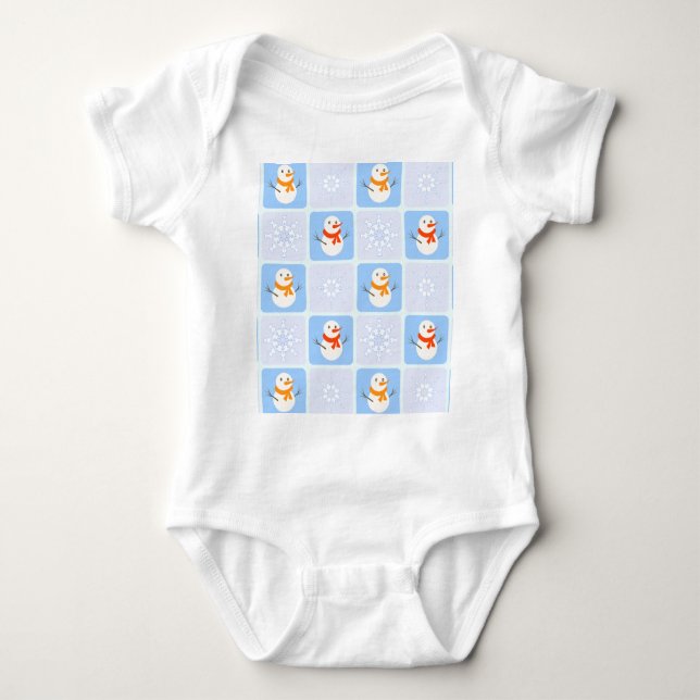 Winter checkered pattern snowman and snowflakes baby bodysuit (Front)