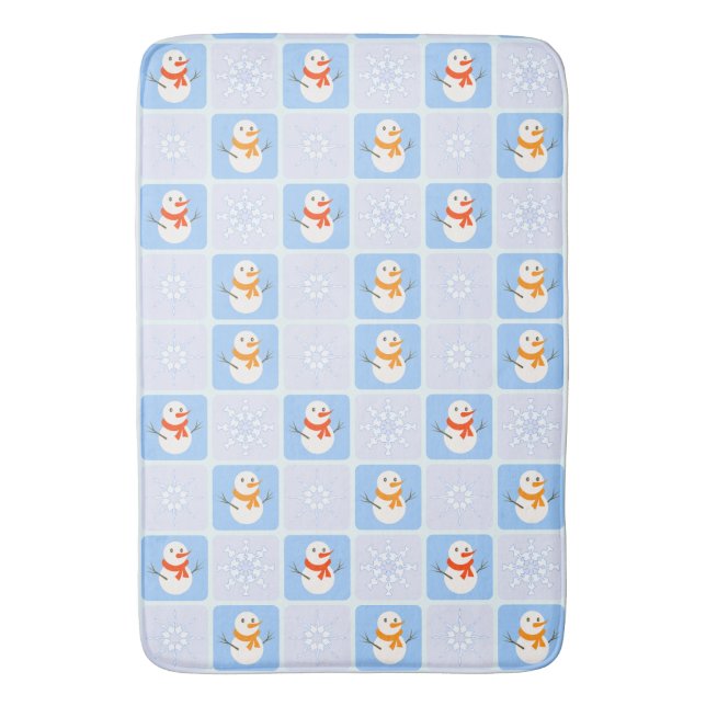 Winter checkered pattern snowman and snowflakes bath mat (Front Vertical)