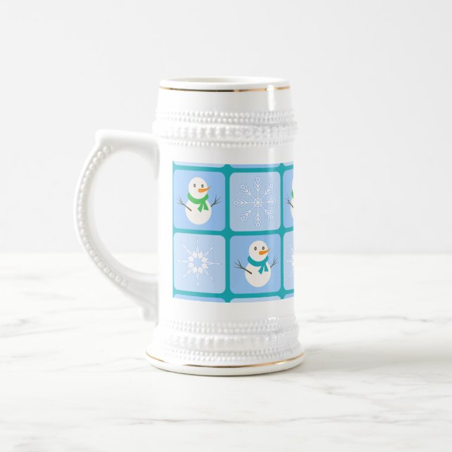 Winter checkered pattern snowman and snowflakes beer stein (Left)