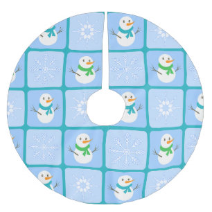 Winter checkered pattern snowman and snowflakes brushed polyester tree skirt