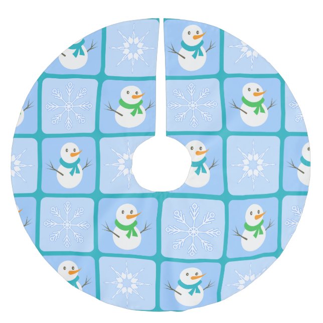 Winter checkered pattern snowman and snowflakes brushed polyester tree skirt (Front)