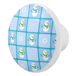 Winter checkered pattern snowman and snowflakes ceramic knob