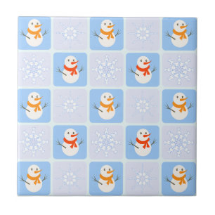 Winter checkered pattern snowman and snowflakes ceramic tile