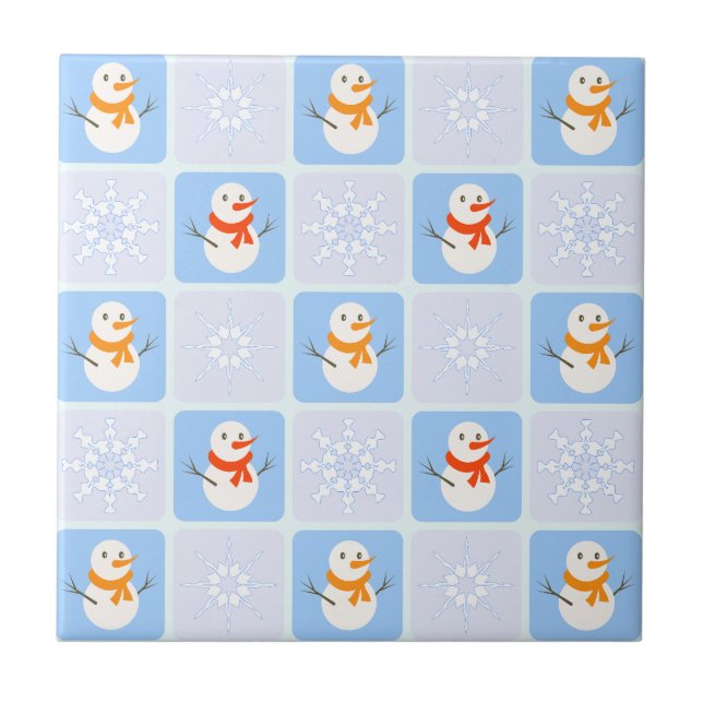 Winter checkered pattern snowman and snowflakes ceramic tile (Front)