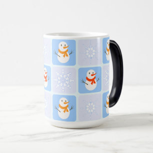 Winter checkered pattern snowman and snowflakes color morph mug