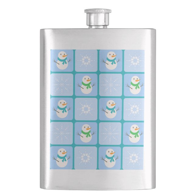 Winter checkered pattern snowman and snowflakes flask (Front)