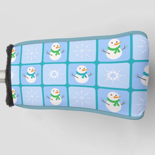 Winter checkered pattern snowman and snowflakes golf head cover (Front)