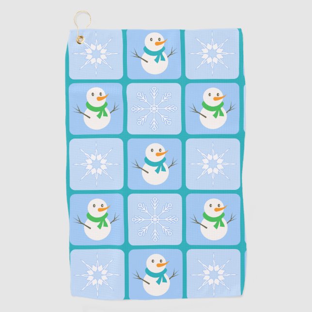 Winter checkered pattern snowman and snowflakes golf towel (Front)