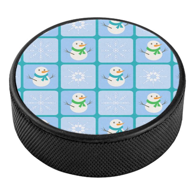 Winter checkered pattern snowman and snowflakes hockey puck (3/4)