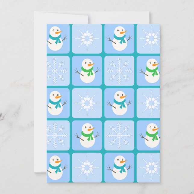 Winter checkered pattern snowman and snowflakes invitation (Front)