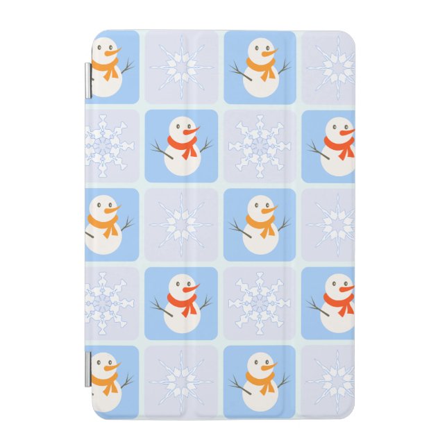 Winter checkered pattern snowman and snowflakes iPad mini cover (Front)