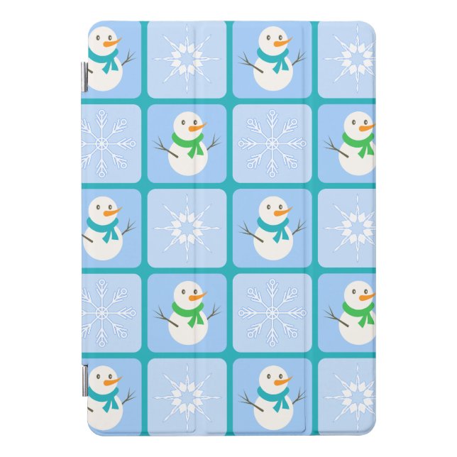 Winter checkered pattern snowman and snowflakes iPad pro cover (Front)