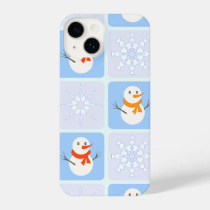 Winter checkered pattern snowman and snowflakes iPhone 14 case
