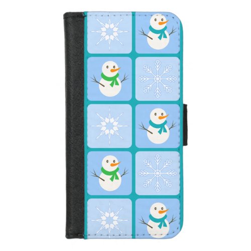 Winter checkered pattern snowman and snowflakes iPhone 87 wallet case