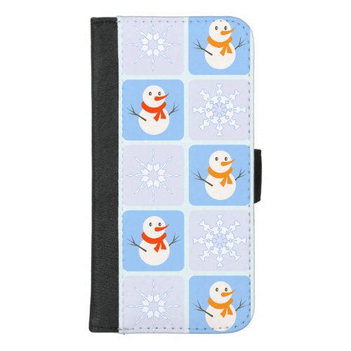 Winter checkered pattern snowman and snowflakes iPhone 87 plus wallet case