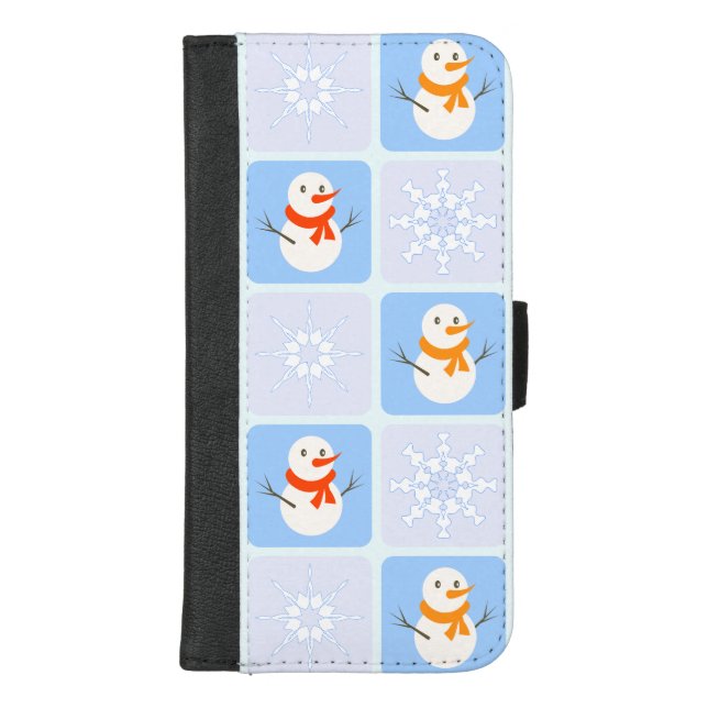 Winter checkered pattern snowman and snowflakes iPhone wallet case (Front)