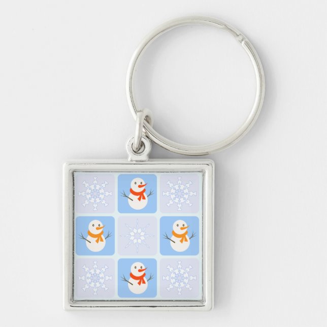 Winter checkered pattern snowman and snowflakes keychain (Front)