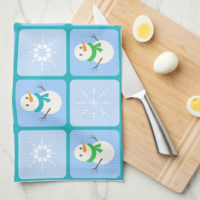 Winter checkered pattern snowman and snowflakes kitchen towel (Quarter Fold)