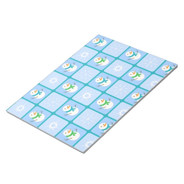 Winter checkered pattern snowman and snowflakes notepad (Angled)