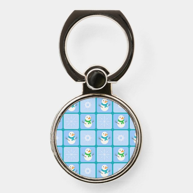 Winter checkered pattern snowman and snowflakes phone ring stand (Front)