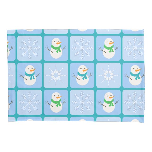Winter checkered pattern snowman and snowflakes pillow case (Front-Left)