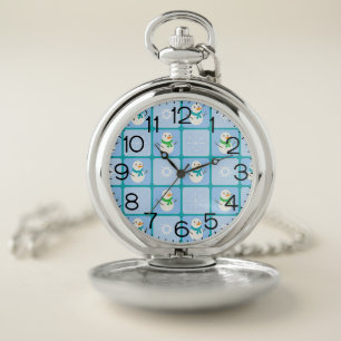 Winter checkered pattern snowman and snowflakes pocket watch