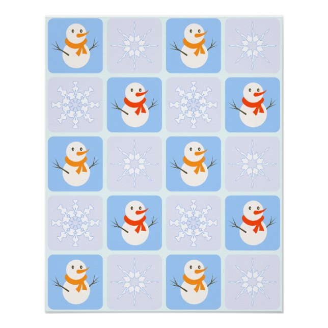 Winter checkered pattern snowman and snowflakes poster (Front)