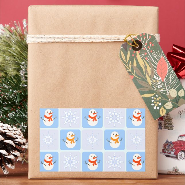 Winter checkered pattern snowman and snowflakes rectangular sticker (Holiday)