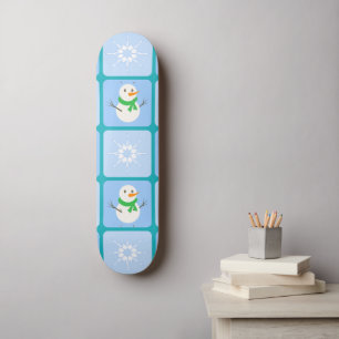Winter checkered pattern snowman and snowflakes skateboard