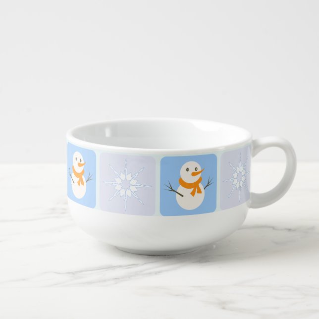 Winter checkered pattern snowman and snowflakes soup mug (Left)