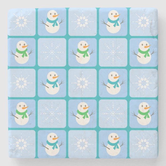 Winter checkered pattern snowman and snowflakes stone coaster (Front)