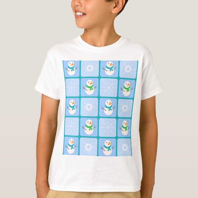 Winter checkered pattern snowman and snowflakes T-Shirt (Front)