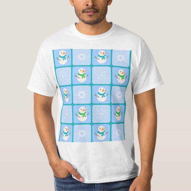 Winter checkered pattern snowman and snowflakes T-Shirt (Front)