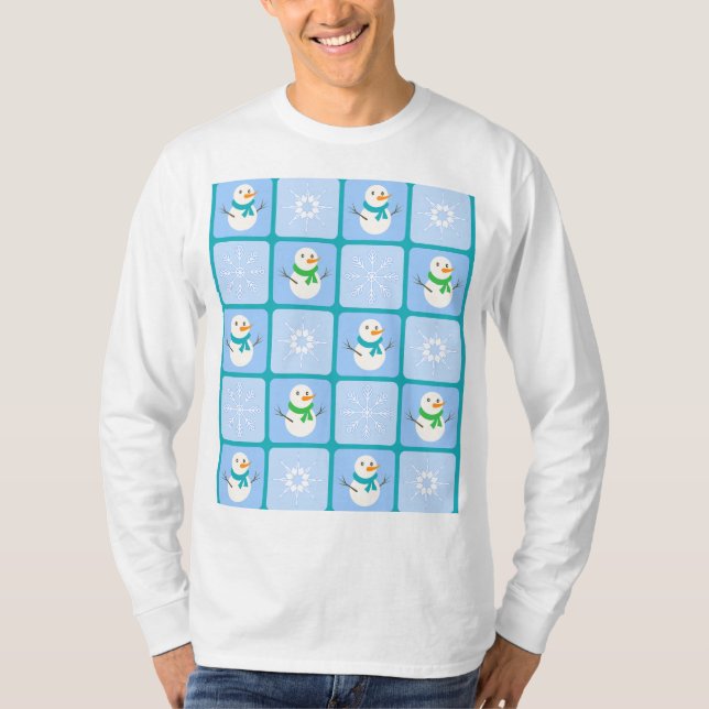 Winter checkered pattern snowman and snowflakes T-Shirt (Front)