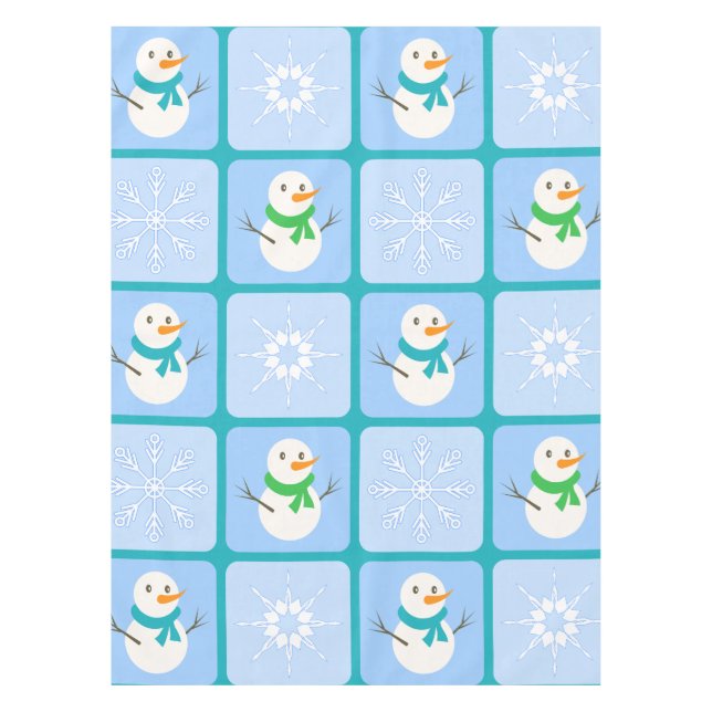 Winter checkered pattern snowman and snowflakes tablecloth (Front)
