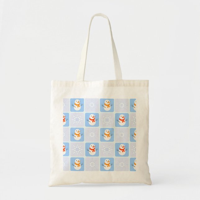 Winter checkered pattern snowman and snowflakes tote bag (Front)