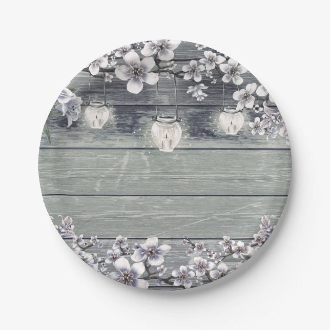 Winter Cherry Blossom Branches & Lanterns Rustic Paper Plates (Front)
