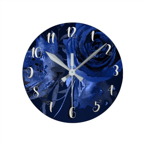 Winter Chic Bold Floral Blue Roses Elegant Chic Round Clock