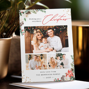 Winter Chic Botanical Floral 3 Photo Christmas Holiday Card