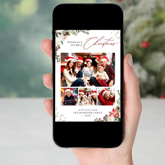 Winter Chic Botanical Floral 4 Photo Christmas Holiday Card (Front Digital)