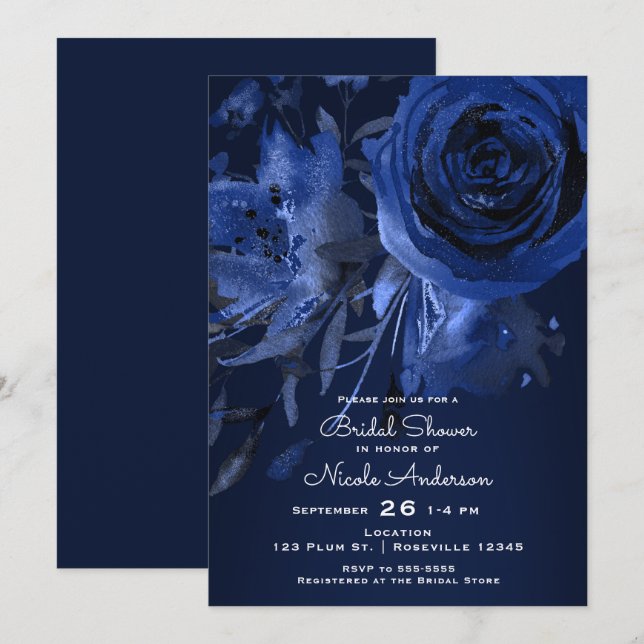 Winter Chic Floral Blue Rose Bold Bridal Shower Invitation (Front/Back)