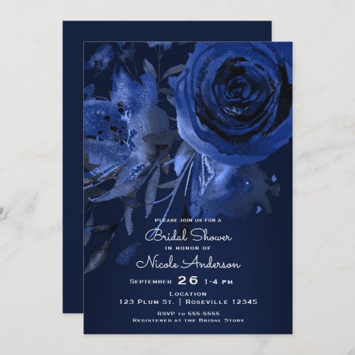 Winter Chic Floral Blue Rose Bold Bridal Shower Invitation
