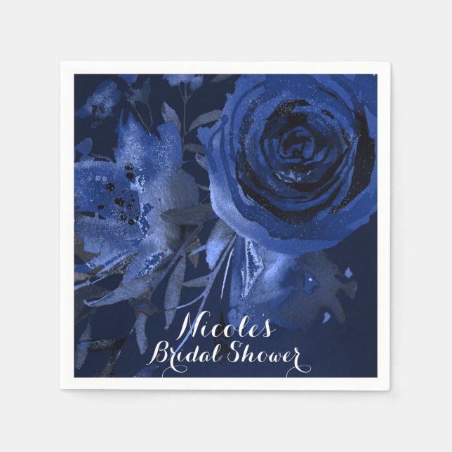 Winter Chic Floral Blue Rose Bold Wedding Paper Napkins (Front)
