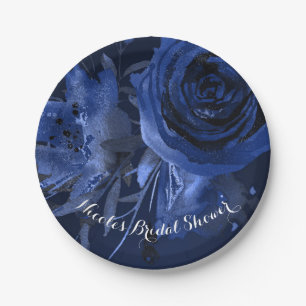 Winter Chic Floral Blue Rose Bold Wedding Paper Plates