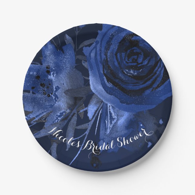 Winter Chic Floral Blue Rose Bold Wedding Paper Plates (Front)