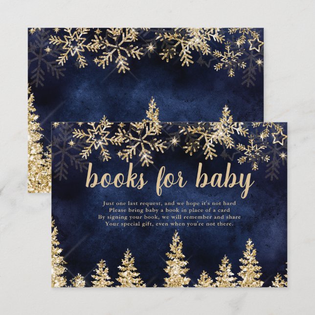 Winter chic gold snow pine navy books for baby enclosure card (Front/Back)
