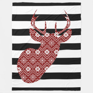 Winter Chic Red Deer Black + White Stripes Blanket