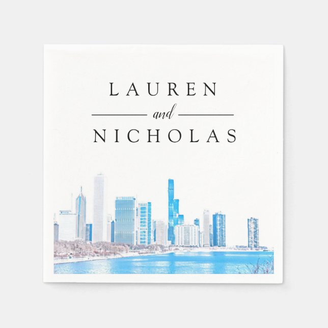 Winter Chicago Skyline Personalized Wedding Napkins (Front)