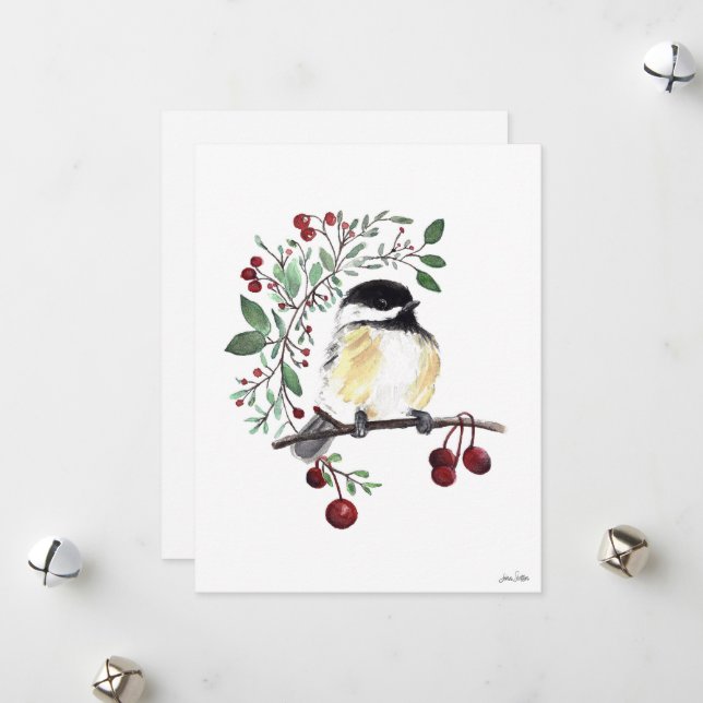 Winter Chickadee Bird Berries Holiday Card (Front/Back In Situ)